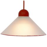 Peill+Putzler red rim pendant lamp frosted opal conical glass lampshade E27 socket 1980s Germany