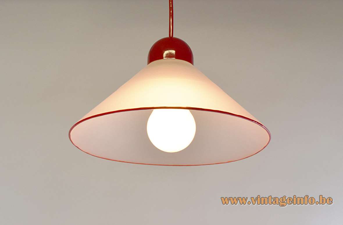 Peill + Putzler red rim pendant lamp frosted opal conical glass lampshade E27 socket 1980s Germany
