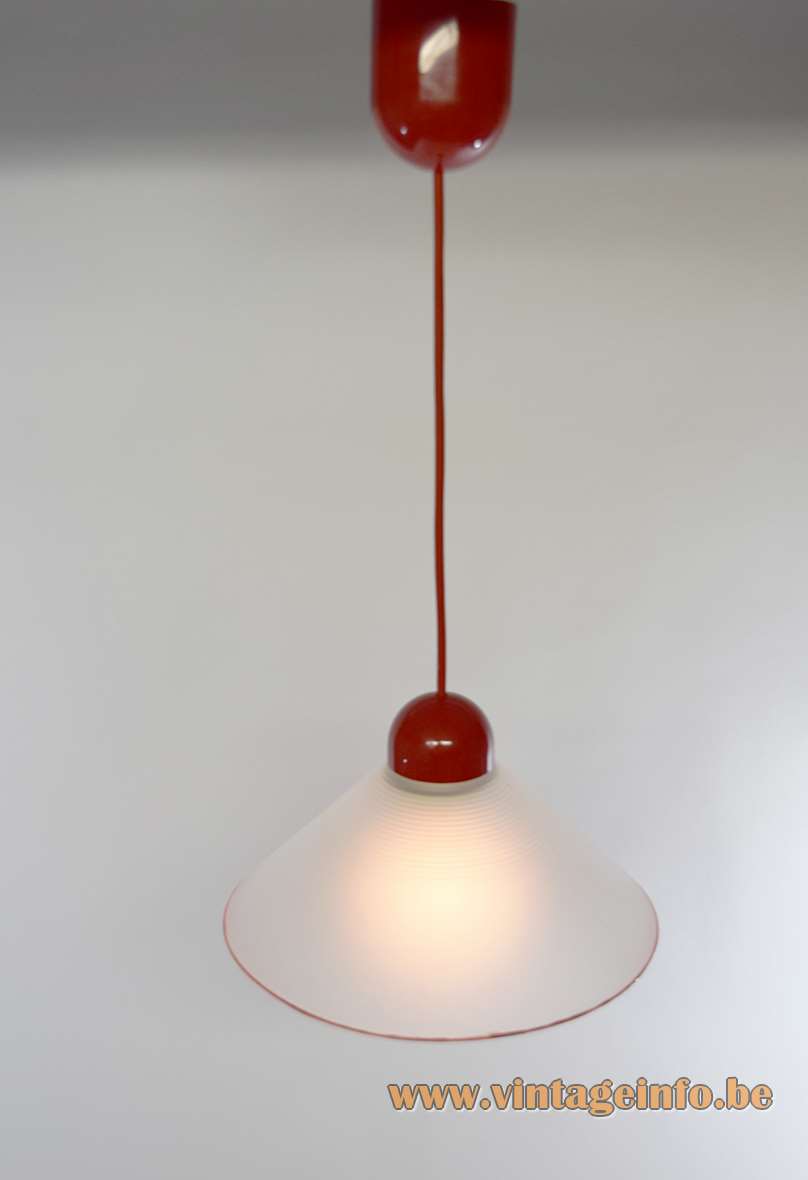 Peill + Putzler red rim pendant lamp frosted opal conical glass lampshade E27 socket 1980s Germany