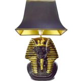 Tutankhamun table lamp black & gilded porcelain pharaoh base black pagoda lampshade gold rims 1970s 1980s