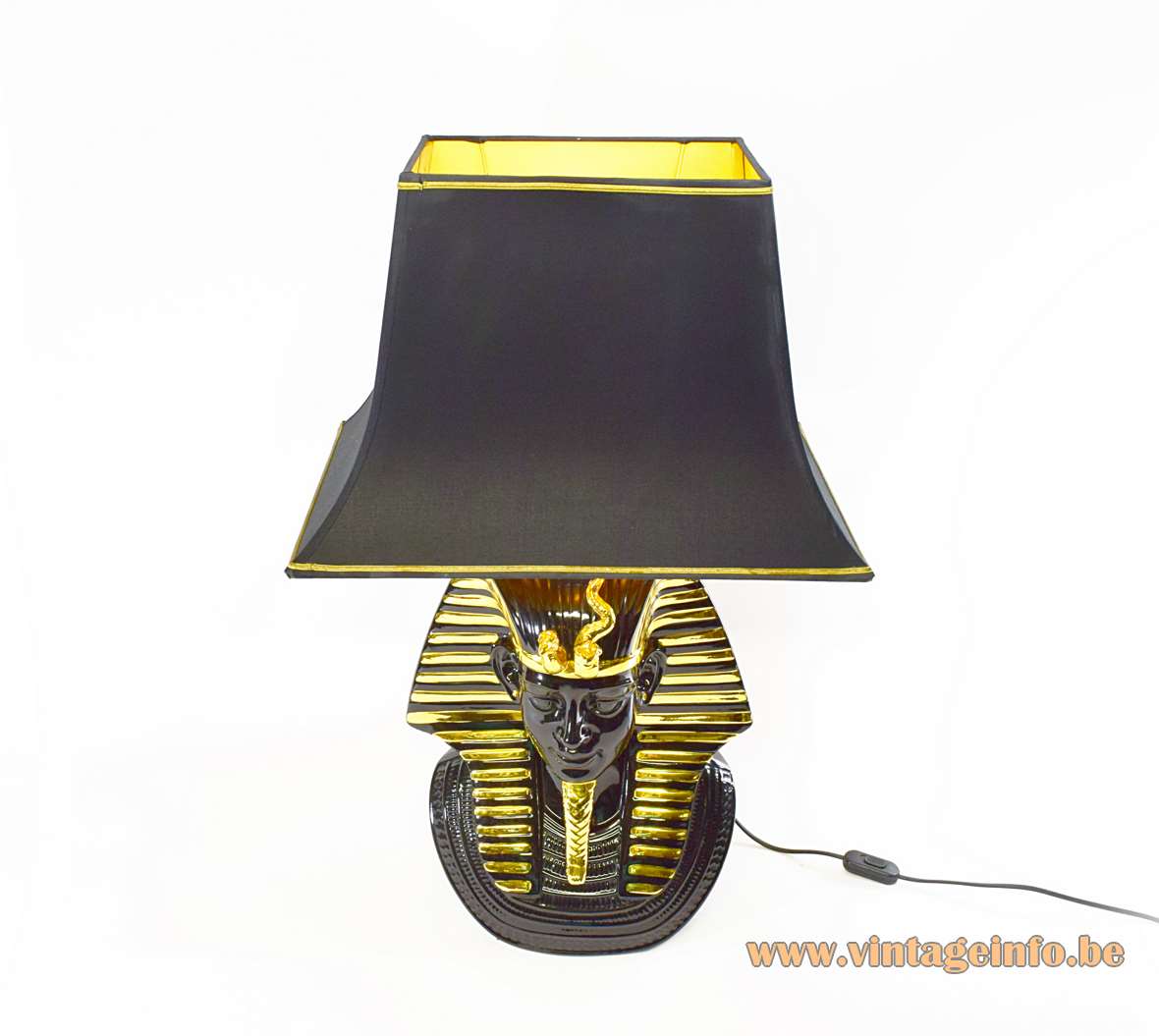 Tutankhamun Table Lamp black & gilded porcelain pagoda black & gold lampshade 1970s 1980s pharaoh Hollywood Regency