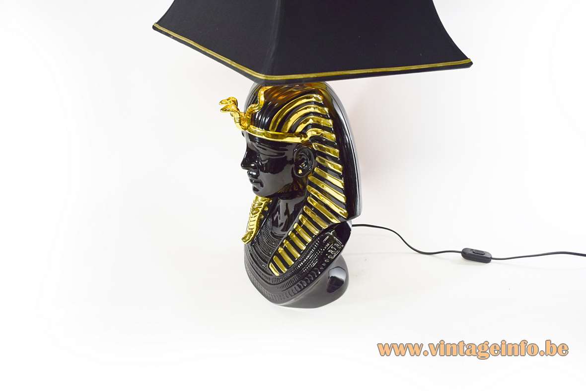 Tutankhamun Table Lamp black & gilded porcelain pagoda black & gold lampshade 1970s 1980s pharaoh Hollywood Regency