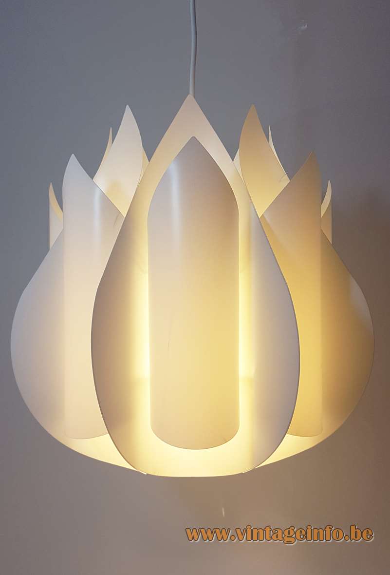 Crocusine pendant lamp design: Flemming Brylle & Preben Jacobsen plastic flower flame lampshade 1970s Quality System Denmark