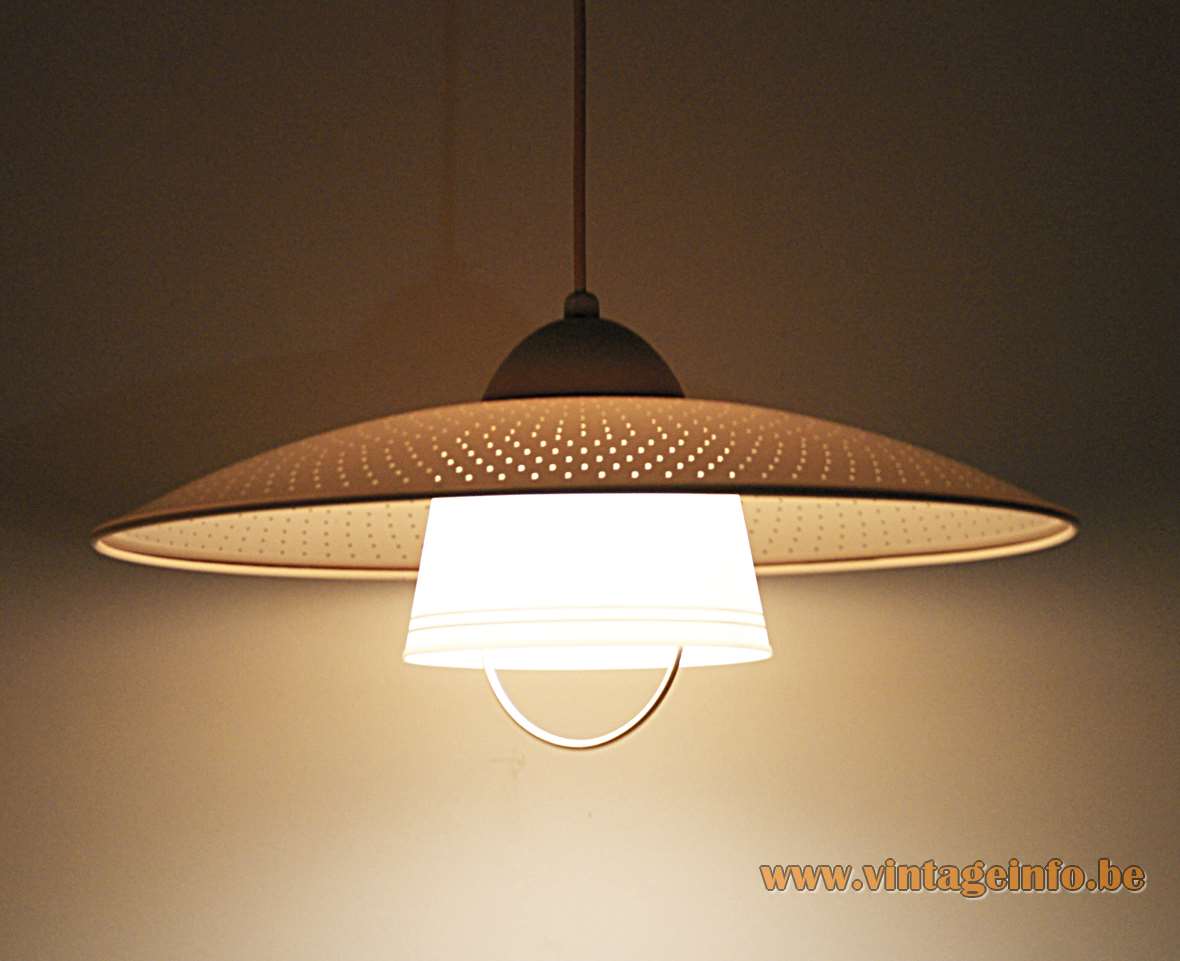 ERCO rise & fall pendant lamp round holes plastic perforated lampshade handle below 1950s 1960s Germany