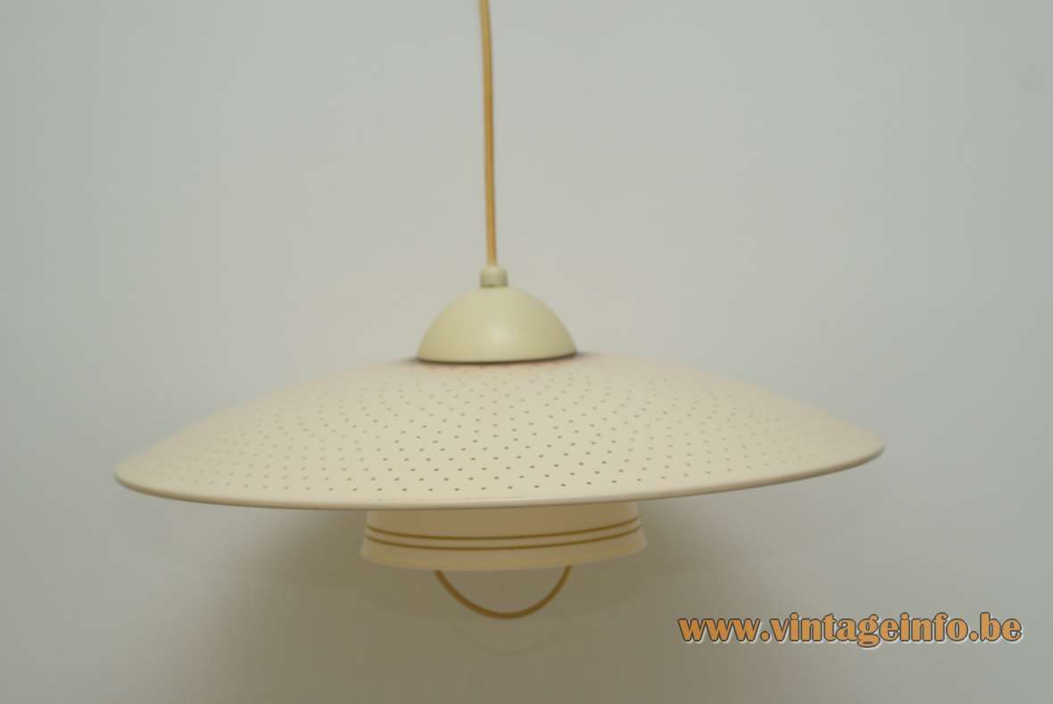 ERCO rise & fall pendant lamp round holes plastic perforated lampshade handle below 1950s 1960s Germany