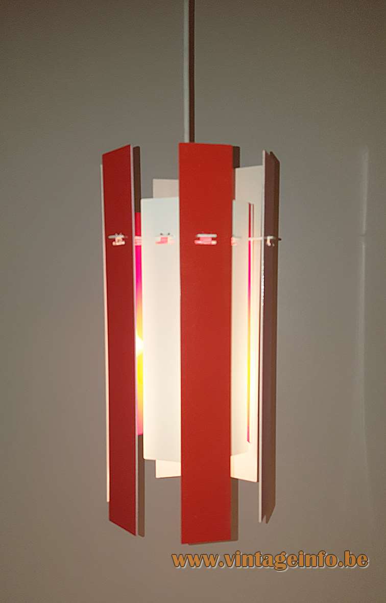 Fog & Morup Cocktail pendant lamp design: Henning Rehhof red & white metal slats strips lampshade 1970s Denmark