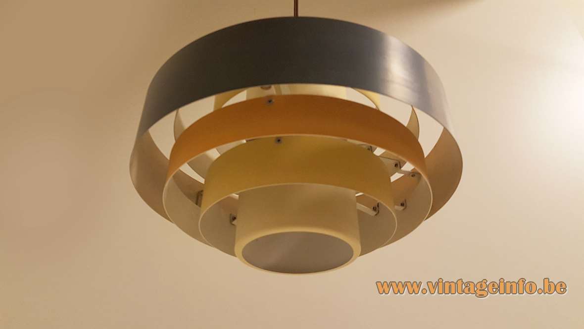 Fog & Morup Ultra pendant lamp design: Jo Hammerborg white & black aluminium metal rings lampshade 1950s 1960s