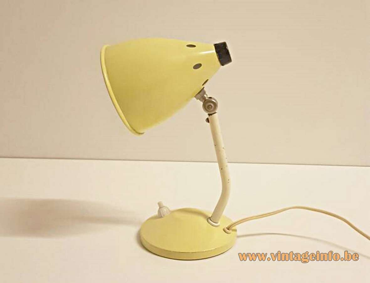 Hala Bartje desk lamp round pale yellow base curved rod conical lampshade 1950s 1960s Busquet design