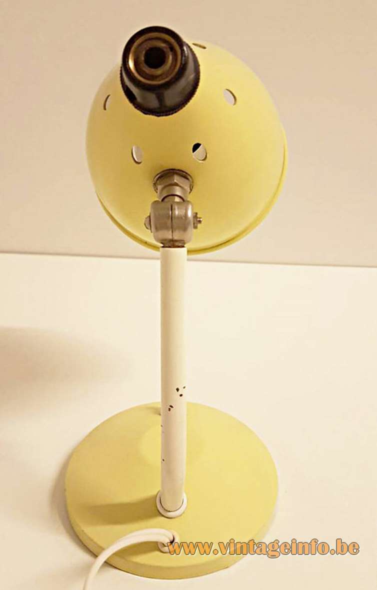 Hala Bartje desk lamp round pale yellow base curved rod conical lampshade 1950s 1960s Busquet design