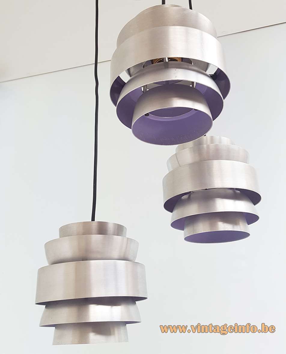 Lakro cascading pendant chandelier purple aluminium cylinders lampshades design: Carl Thore 1960s 1970s E27 sockets