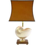 Nautilus table lamp square wood base squid shell curved brass rod brown pagoda lampshade 1970s