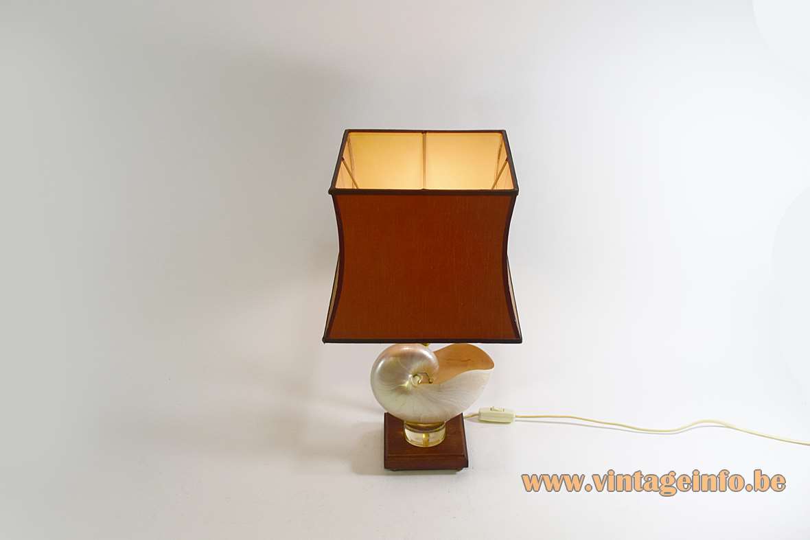 Nautilus table lamp square wood base squid shell curved brass rod brown pagoda lampshade 1970s
