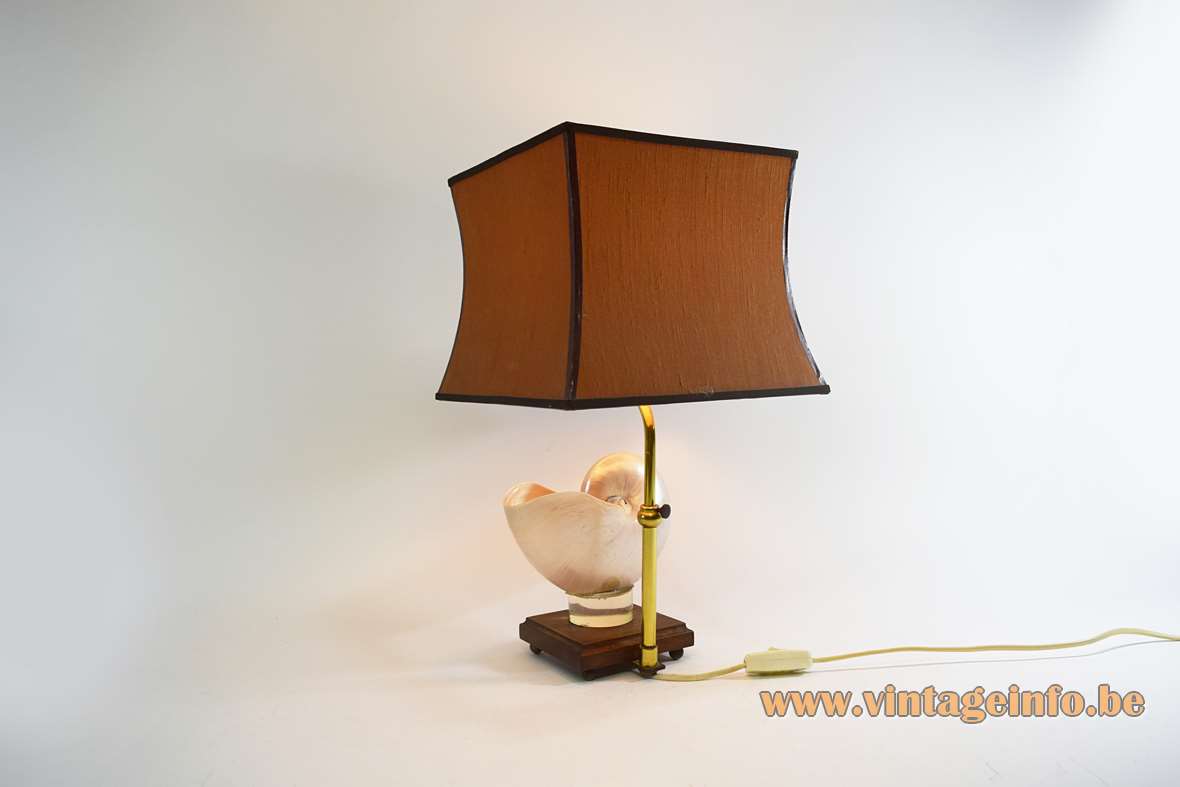 Nautilus table lamp square wood base squid shell curved brass rod brown pagoda lampshade 1970s