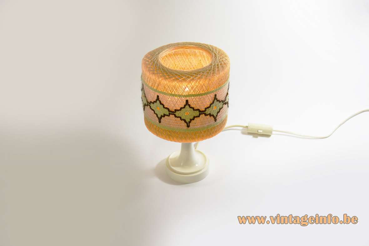 Nylon string bedside lamp round white table base braided fishing wire lampshade 1960s Philips E14 socket