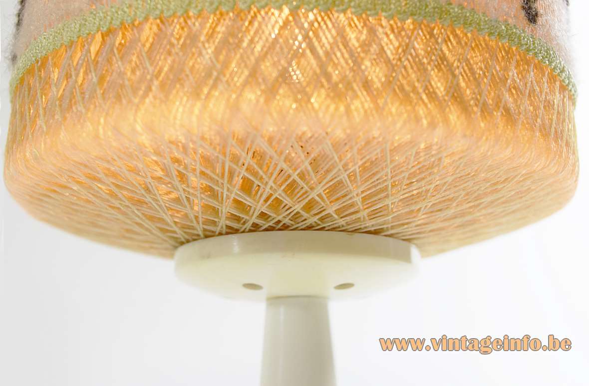 Nylon string bedside lamp round white table base braided fishing wire lampshade 1960s Philips E14 socket