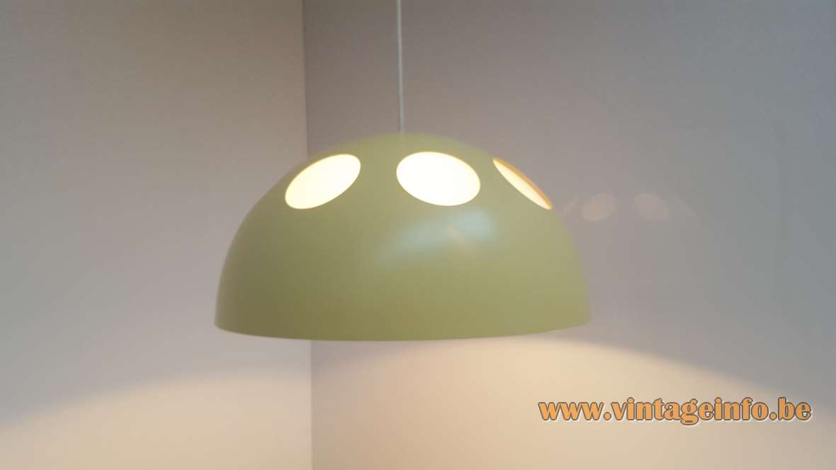 Raak mushroom pendant lamp B-1057 half round metal lampshade white acrylic round holes 1950s 1960s 1970s