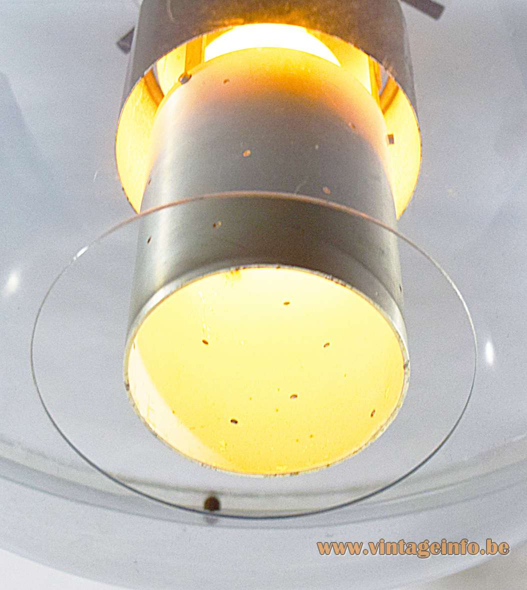 Raak Orbiter pendant lamp clear acrylic oval globe lampshade perforated aluminium tube diffuser 1950s 1960s 1970s