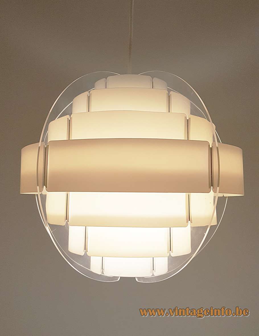 Strips pendant lamp design: Flemming Brylle & Preben Jacobsen clear acrylic white plastic globe lampshade 1960s 1970s