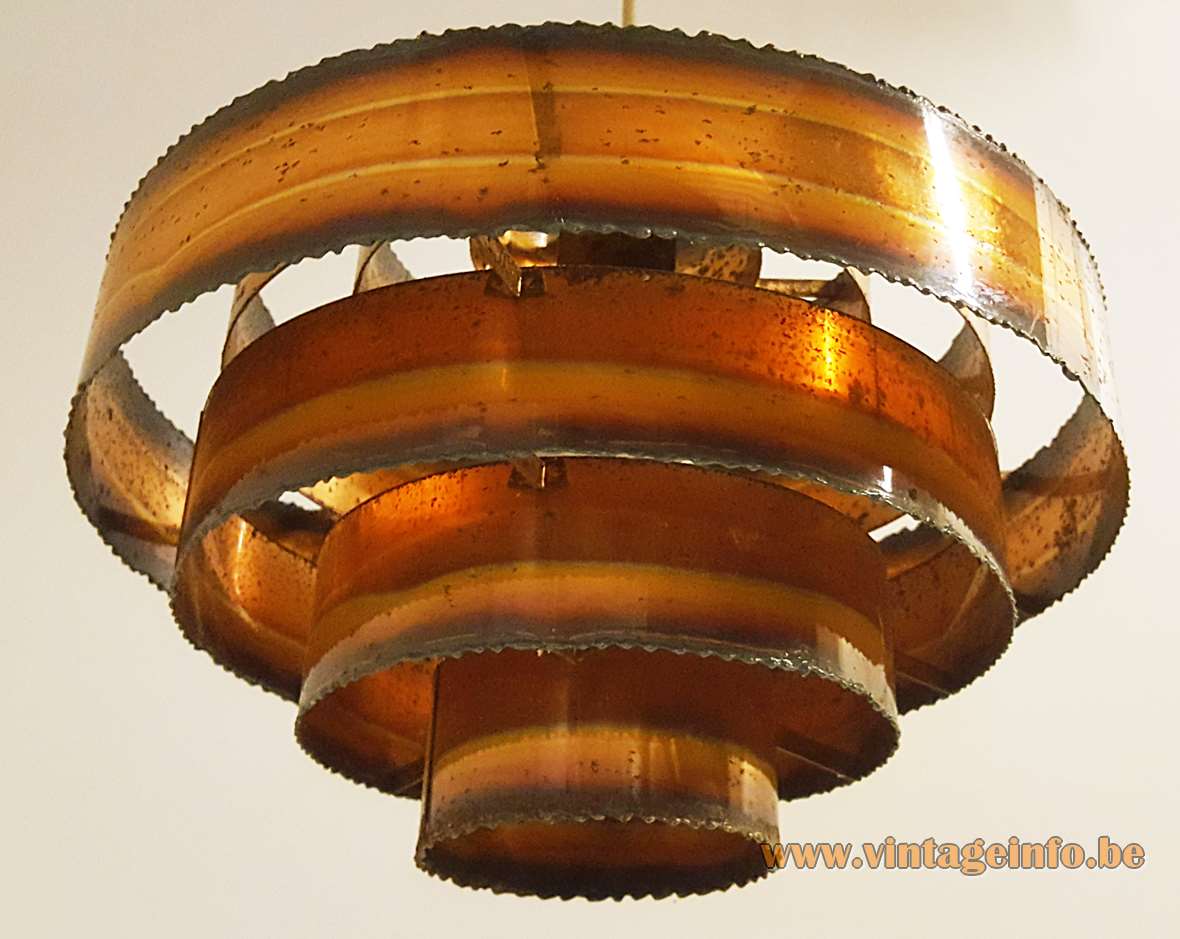 Svend Aage Holm Sørensen copper pendant lamp 7 burned rings lampshade 1960s 1970s E27 socket Denmark