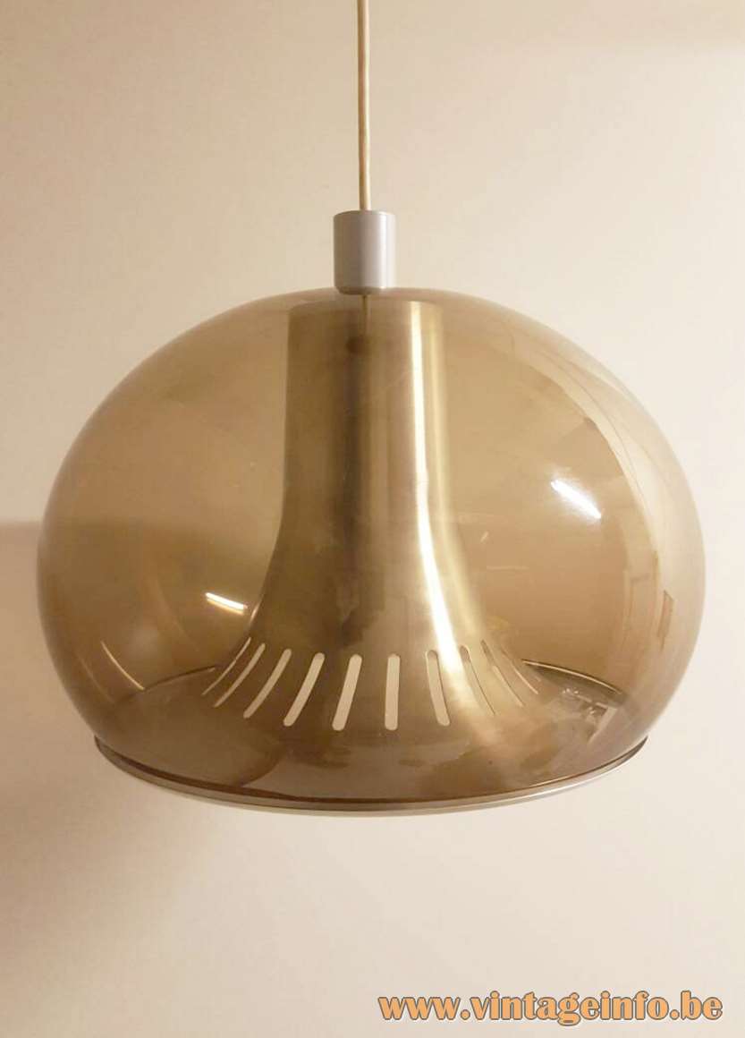 Dijkstra smoked acrylic pendant lamp brown Perspex globe lampshade perforated conical aluminium diffuser 1970s E27 socket