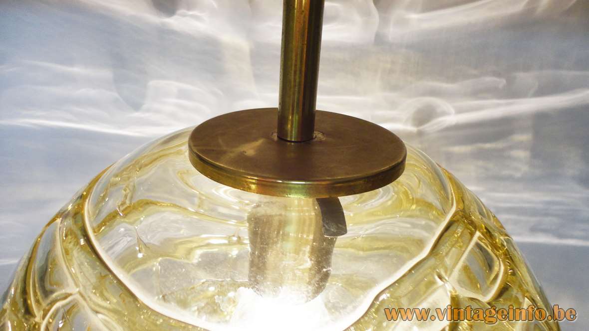 DORIA glass globe pendant lamp big clear & amber veined lampshade brass tube 1960s 1970s Germany