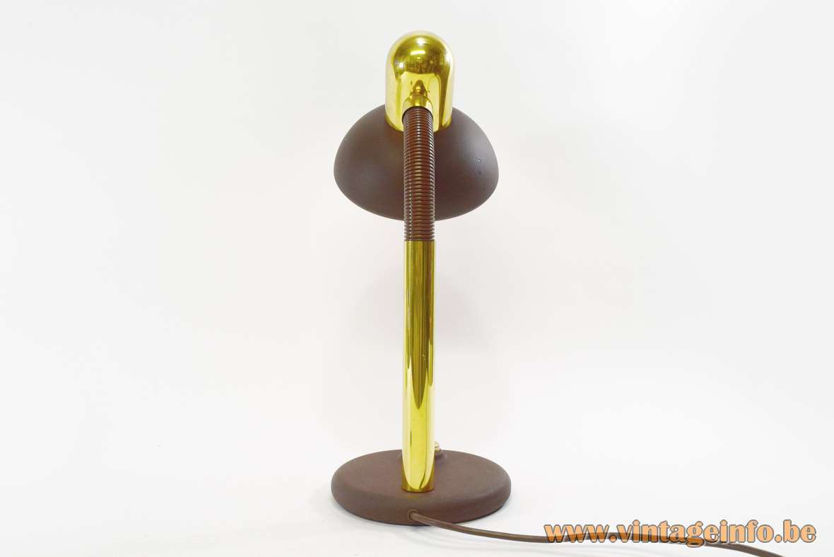 Hillebrand gooseneck desk lamp brown round base & lampshade big switch brass rod rounded top 1970s Germany
