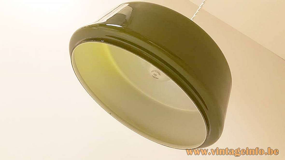 Holmegaard green glass pendant lamp design: Jacob Eiler Bang round olive lampshade white inside 1960s Denmark 