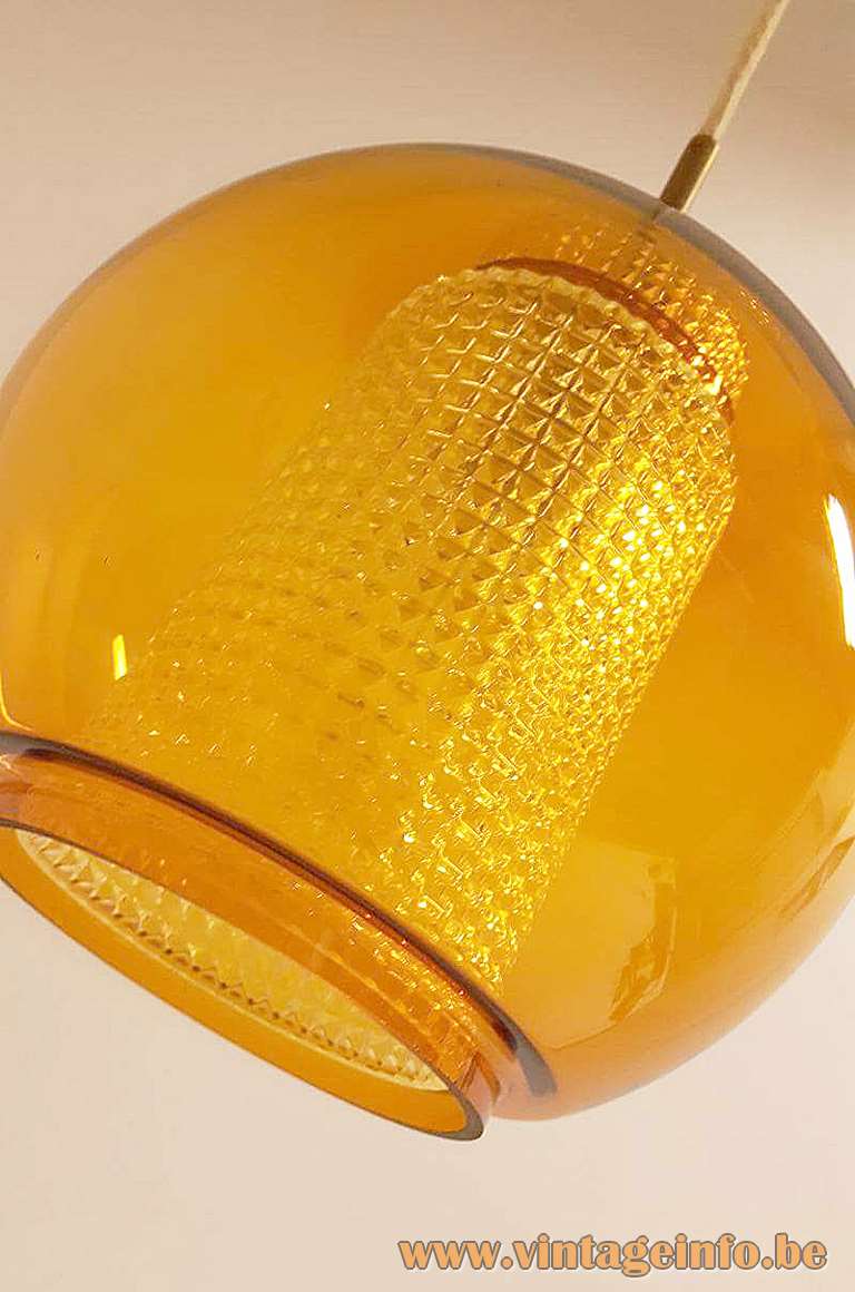 Nordisk Solar glass globe pendant lamp amber lampshade round clear embossed diffuser 1960s Denmark model P 1102