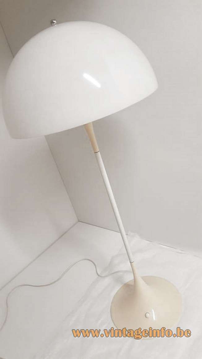  Verner Panton Panthella floor lamp white acrylic Perspex mushroom lampshade metal base Louis Poulsen 1970s design