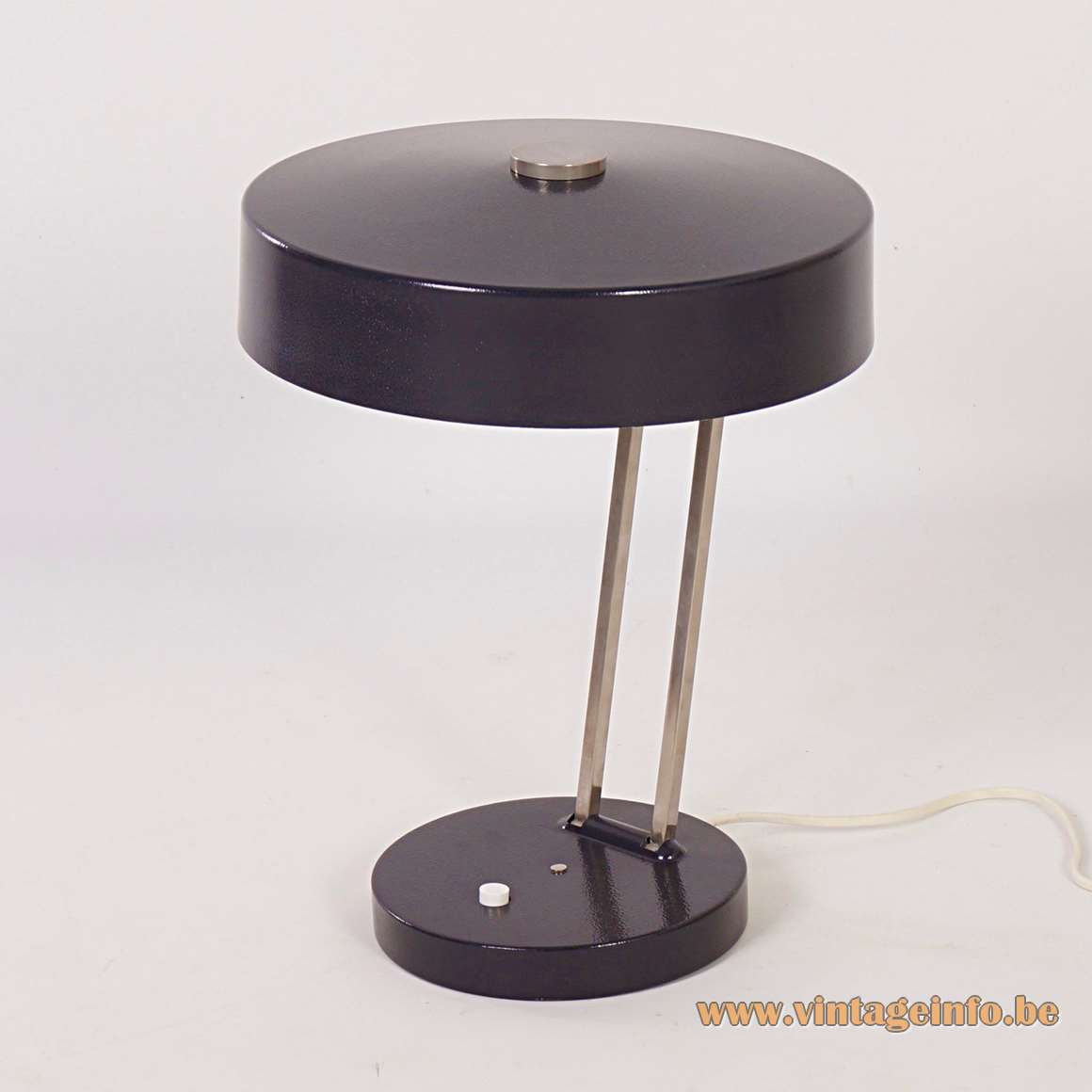 SIS black metal desk lamp round aluminium base 2 chrome rods mushroom lampshade 1960s 1970s Germany