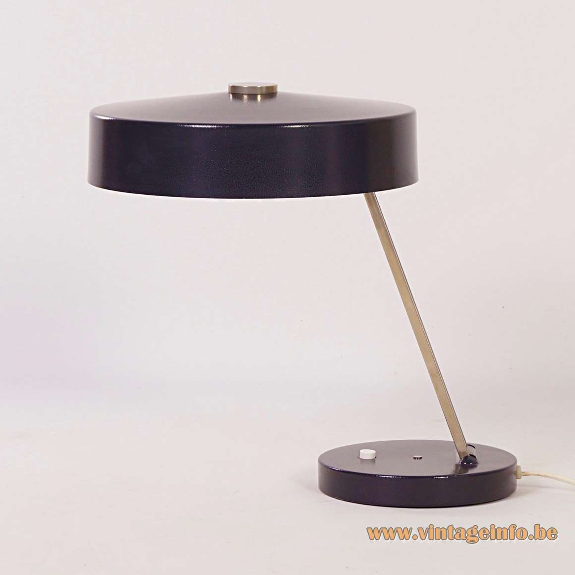 SIS black metal desk lamp round aluminium base 2 chrome rods mushroom lampshade 1960s 1970s Germany