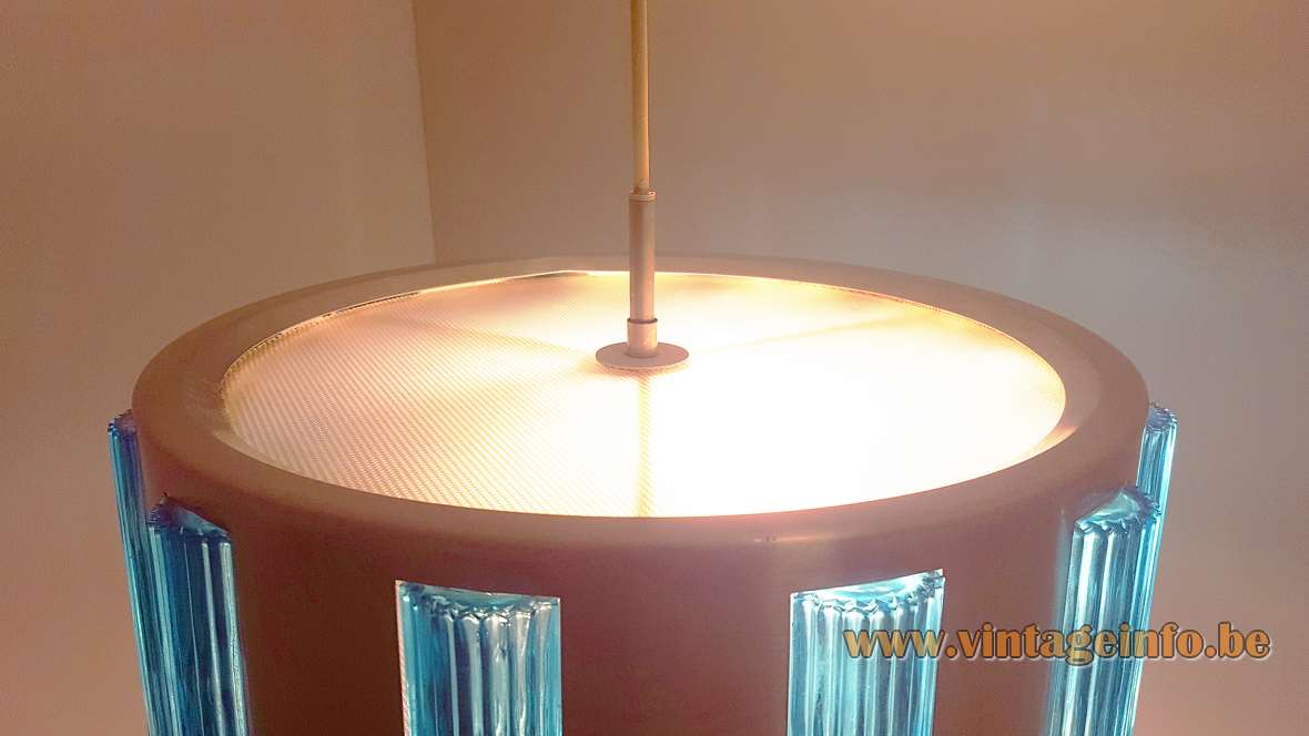 Lyfa Drum pendant lamp round metal lampshade acrylic diffuser rectangular blue glass blocks Orrefors 1960s Denmark 