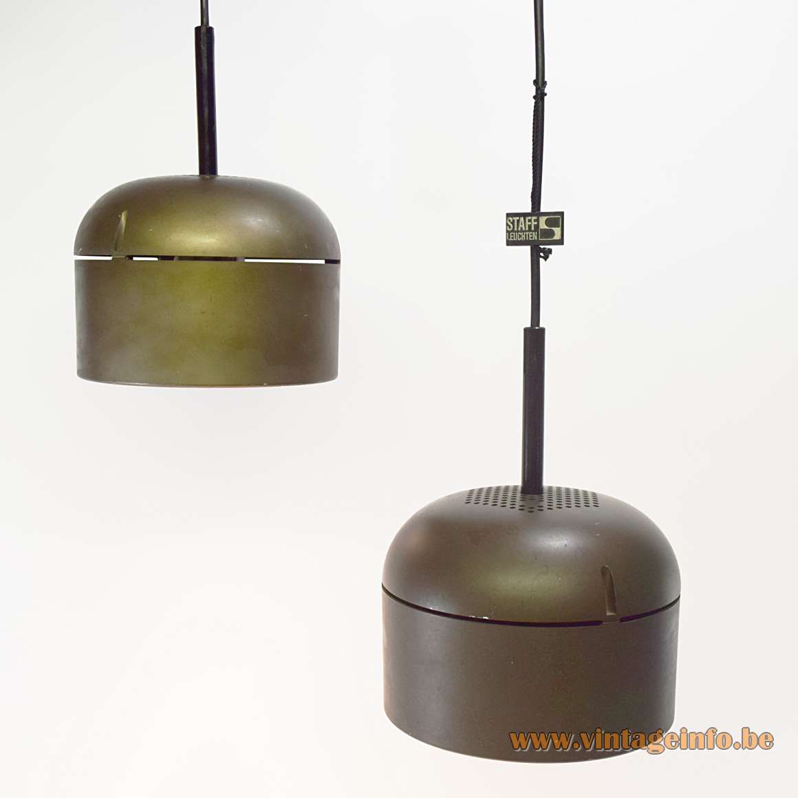 Staff pendant lamp 5517 design: Arnold Berges round brown hexagonal perforated plastic lampshade metal reflector 1970s