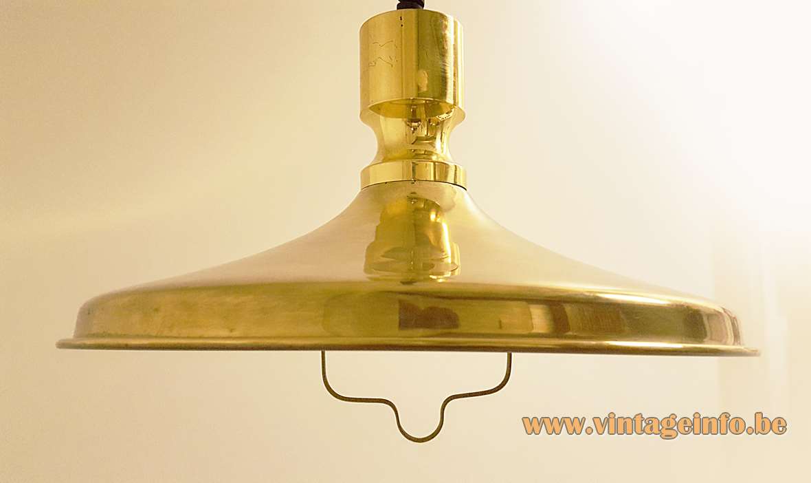 Vitrika brass rise & fall pendant lamp big metal dish lampshade curved handle Denmark 1960s 1970s
