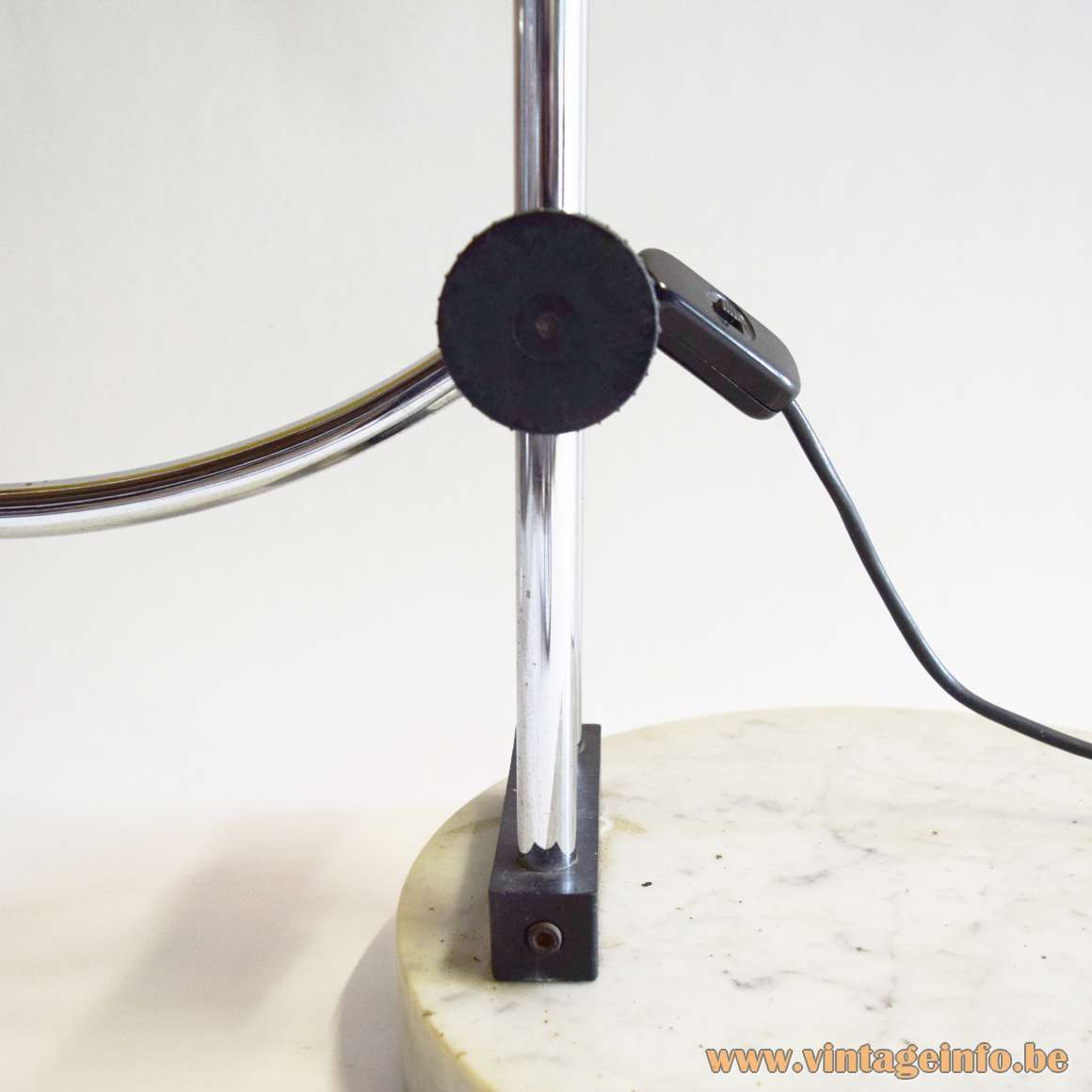 1960s Articulating Arc Floor Lamp round Carrara marble base chrome rods 2 black knobs aluminium lampshade