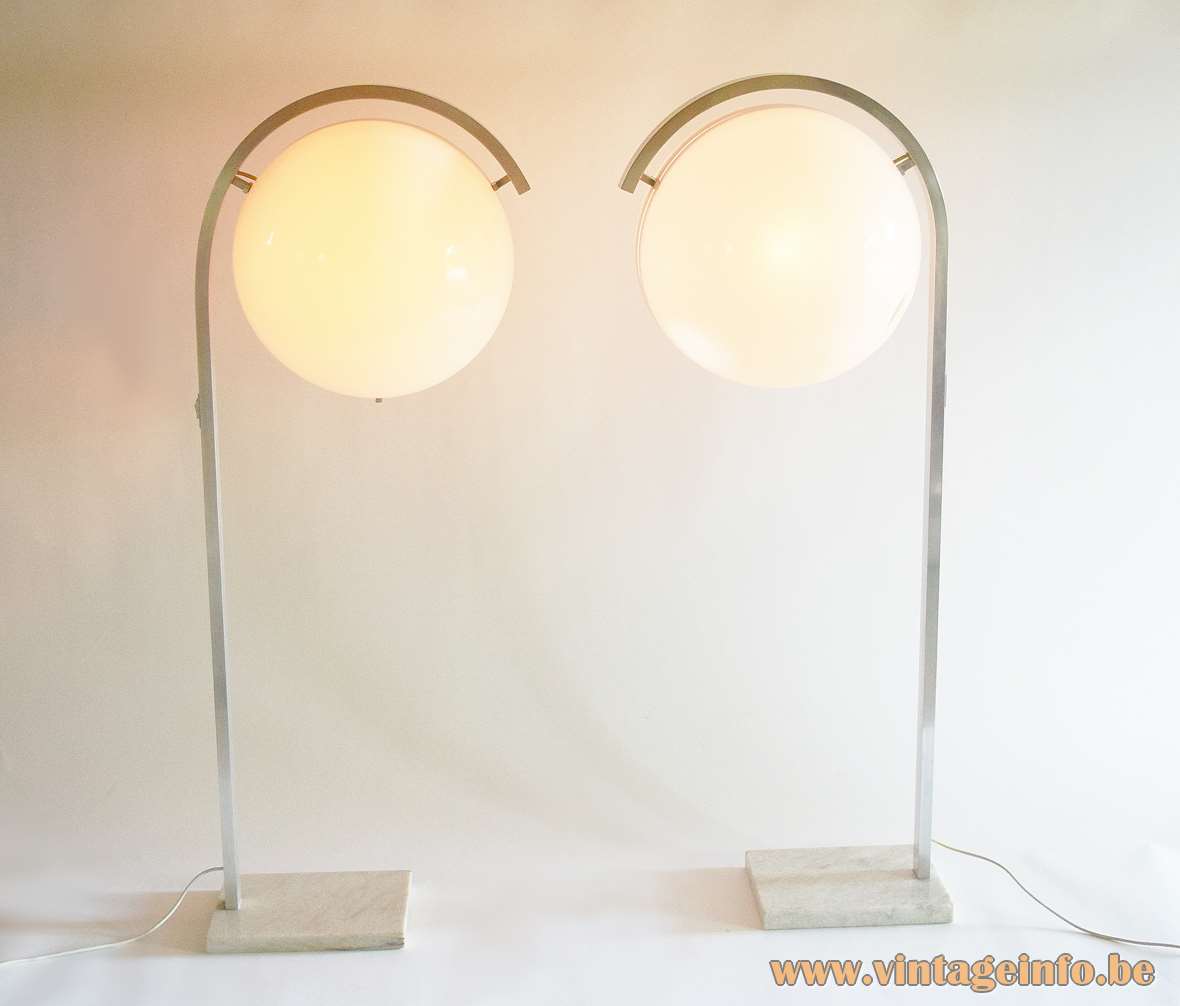Acrylic globe floor lamps in white perspex marble base aluminium curved rectangular rod 1960s 1970s