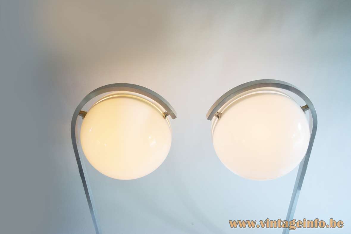 Acrylic globe floor lamps in white perspex marble base aluminium curved rectangular rod 1960s 1970s