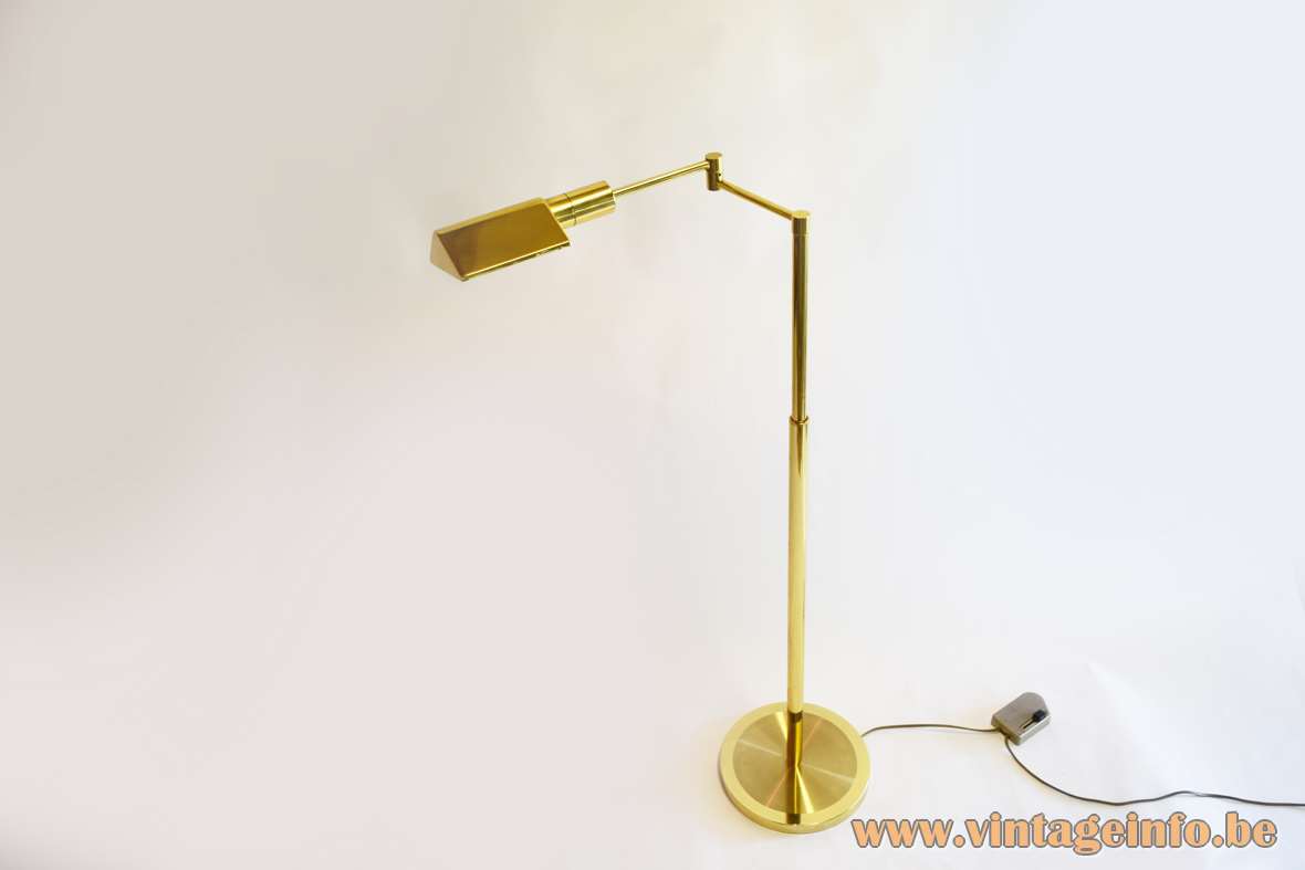 Boulanger brass floor lamp round base pliable revolving rods triangular lampshade 1970s 1980s E14 socket Belgium