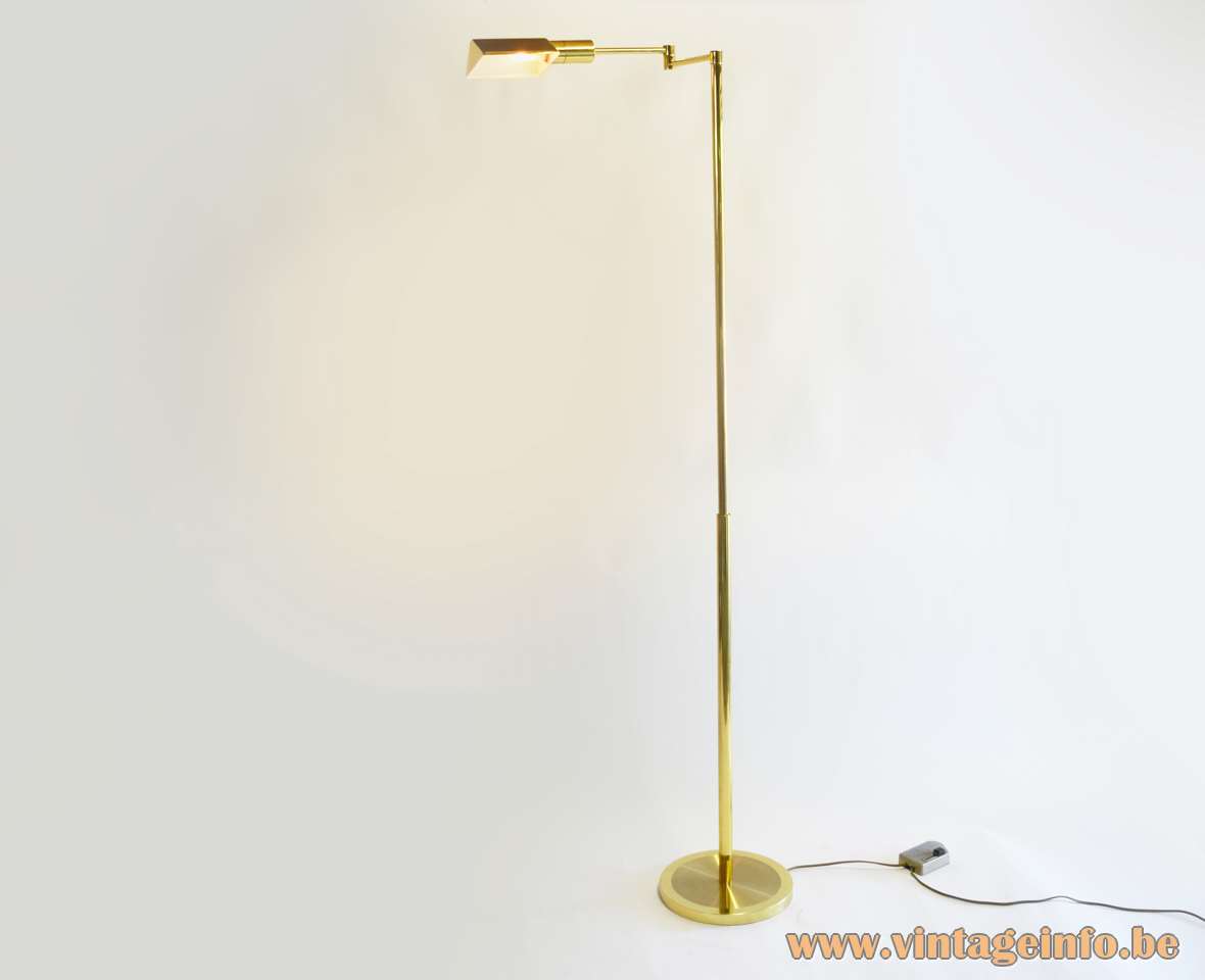 Boulanger brass floor lamp round base pliable revolving rods triangular lampshade 1970s 1980s E14 socket Belgium