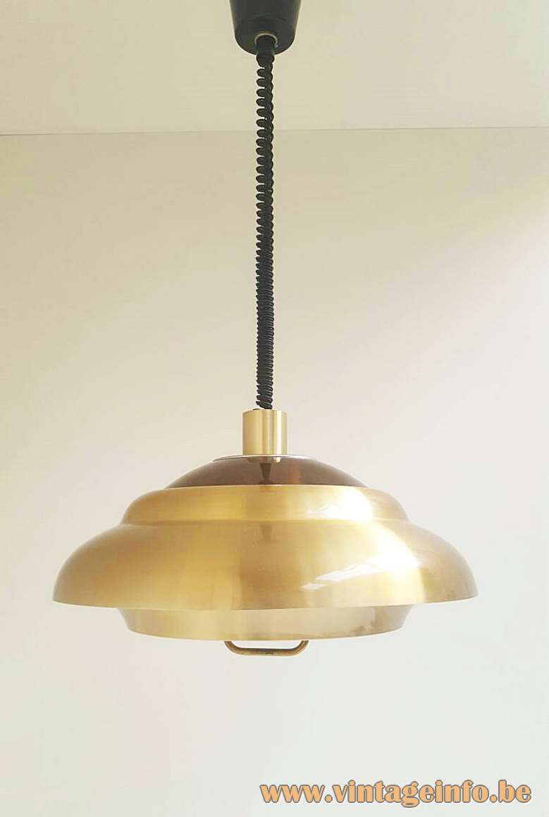 Dijkstra aluminium pendant lamp brass coloured lampshade & handle smoked acrylic top Rolly rise & fall 1970s 