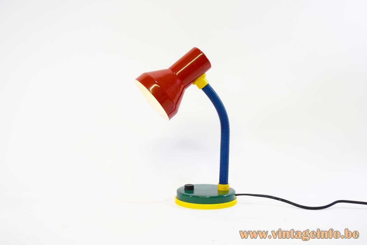Fischer Leuchten desk lamp red lampshade yellow blue gooseneck yellow green round base black switch 1980s