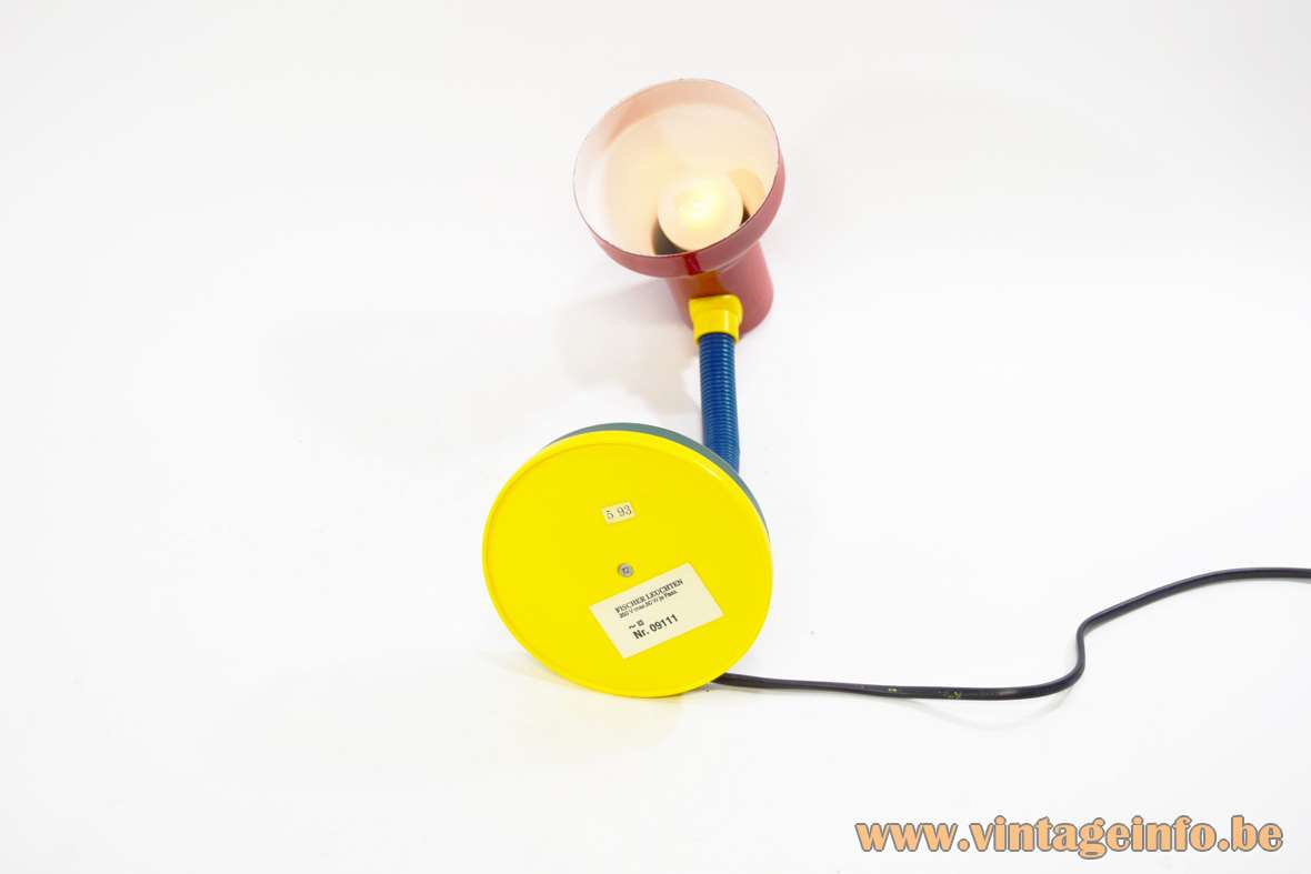 Fischer Leuchten desk lamp red lampshade yellow blue gooseneck yellow green round base black switch label
