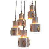 Lakro cascading pendant lamp chandelier 5 aluminium round lampshades laurel wreath decoration 1960s 1970s E14 sockets