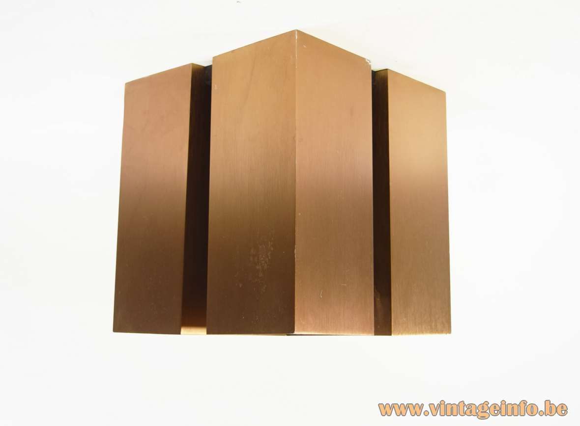 Quadrille flush mount 4 bronze copper coloured aluminium square beams lampshade 1970s Raak Viervoud Lightolier