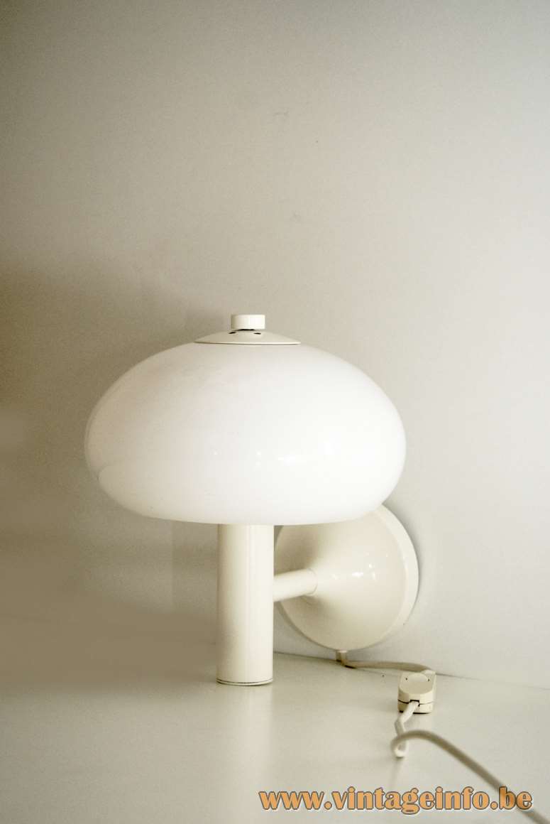 Acrylic mushroom wall lamp white metal tube plastic Perspex lampshade chrome nut Massive Belgium 1970s 1980s  
