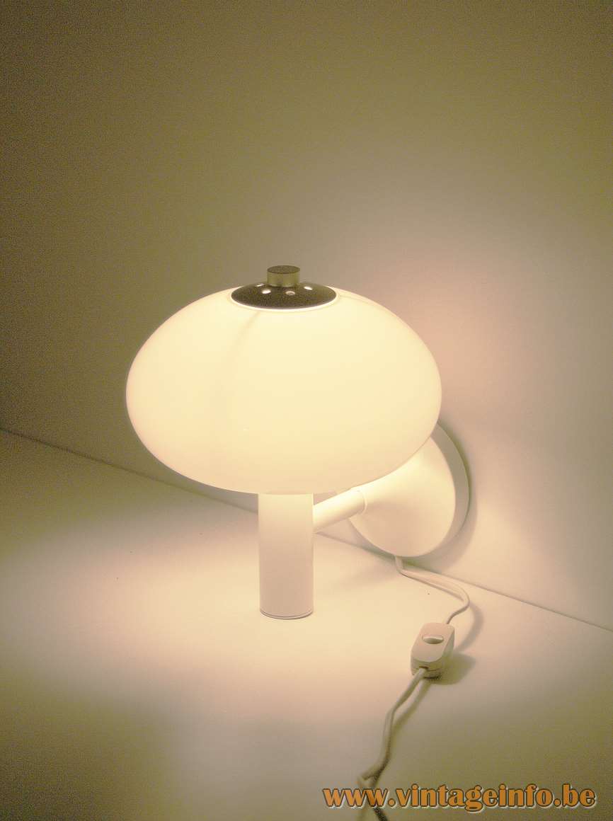 Acrylic mushroom wall lamp white metal tube plastic Perspex lampshade chrome nut Massive Belgium 1970s 1980s  