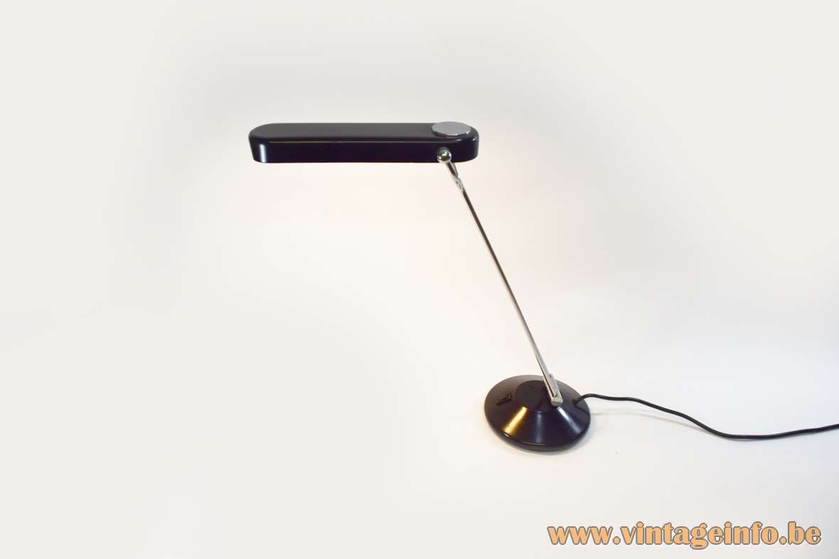 Philips desk lamp Theux round black metal base 2 chrome rods elongated black lampshade 1980s PL