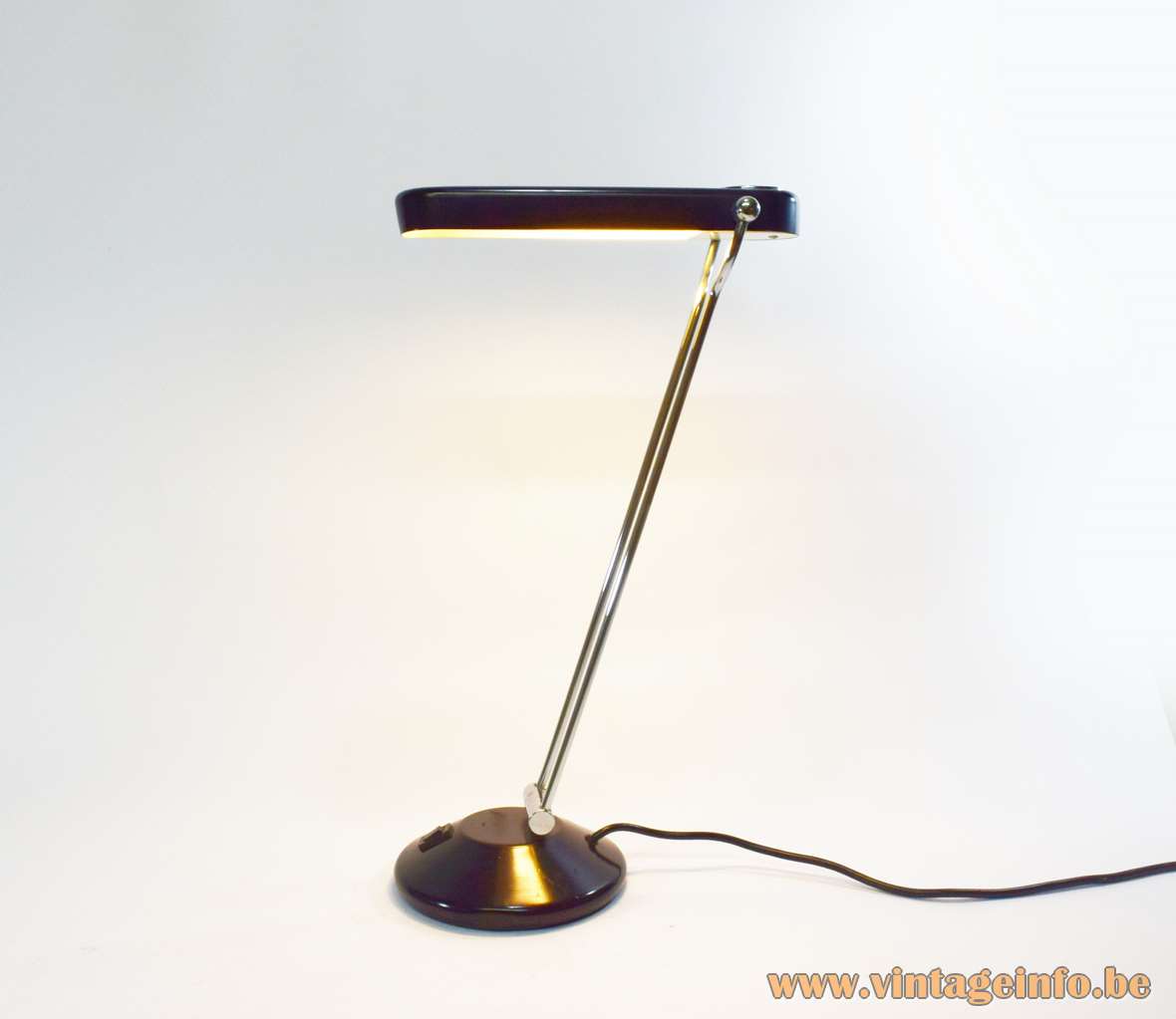 Philips Theux desk lamp round black metal base 2 chrome rods elongated black lampshade 1980s PL