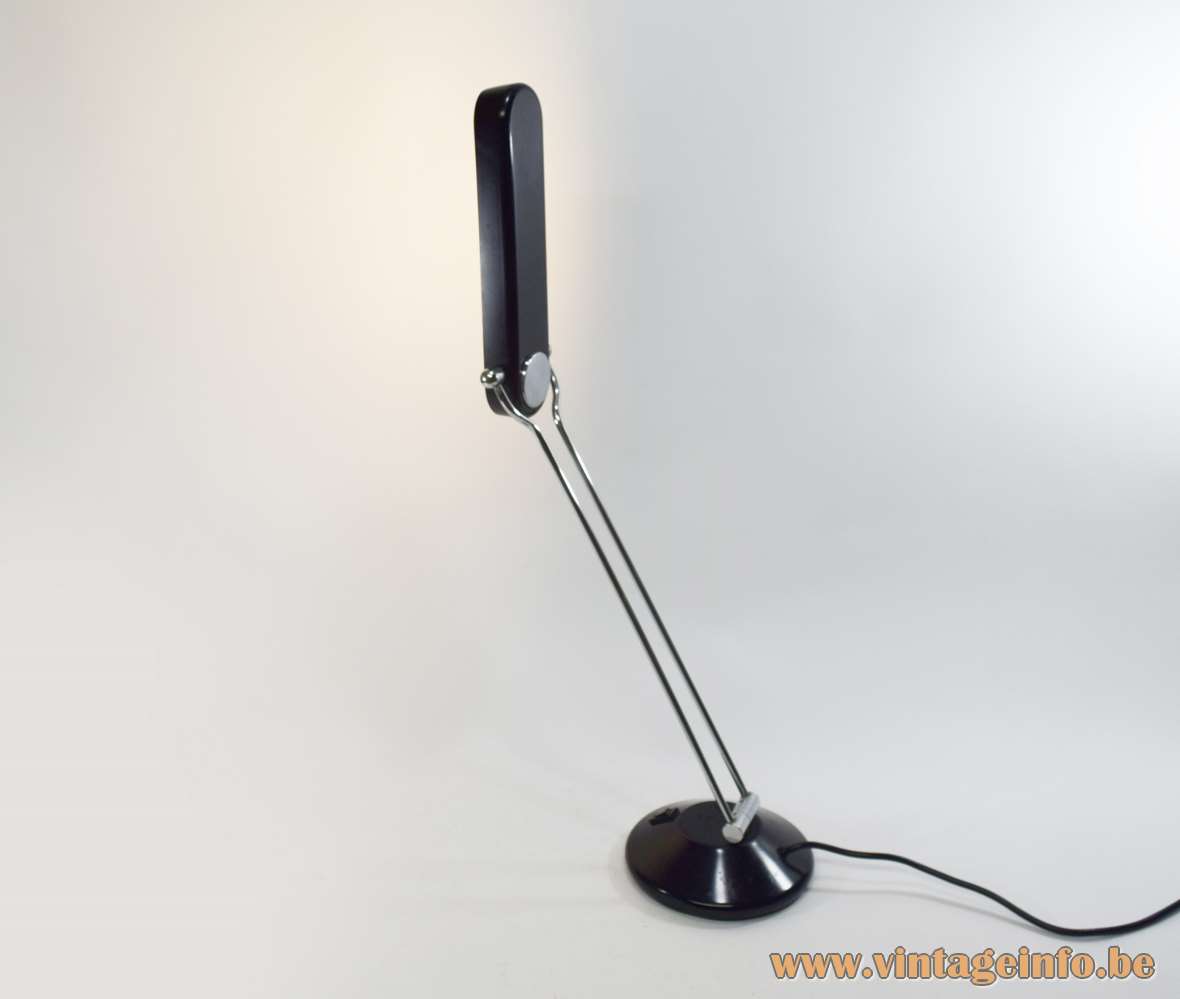Philips Theux desk lamp round black metal base 2 chrome rods elongated black lampshade 1980s PL