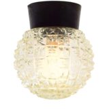 RZB Globe flush mount black Bakelite ceiling light embossed pressed glass lampshade leuchten 1950s 1960s Germany